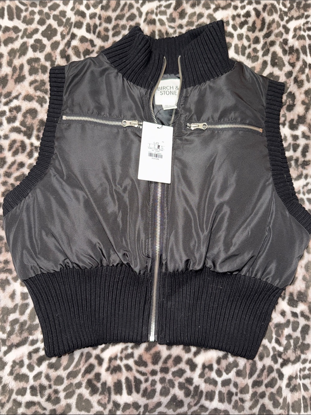 Birch & Stone Black Ribbed Waist Puffer Vest